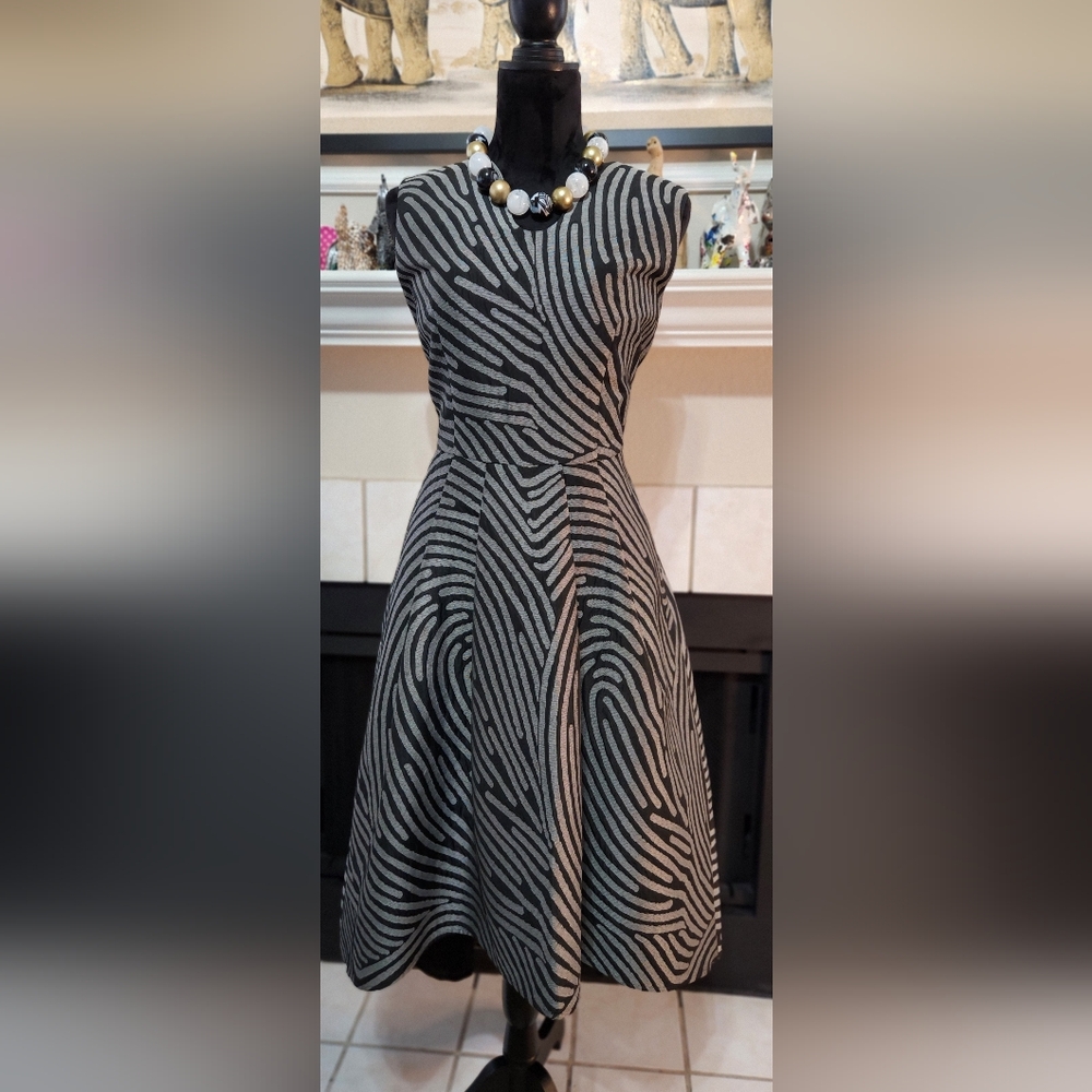 Samuel Dong Black and Gray Zebra-Print Midi Fit & Flare Dress